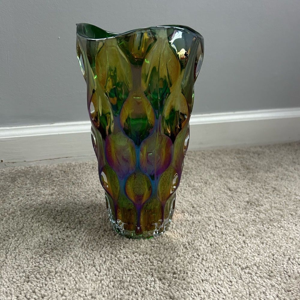 Large Green Optic Iridescent Glass Vase